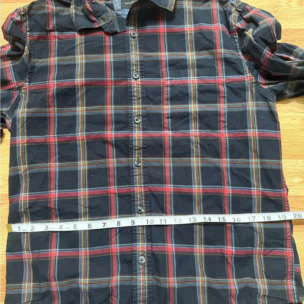 Banana Republic Navy Plaid Button-Up Shirt with Red and Green Stripes Size M